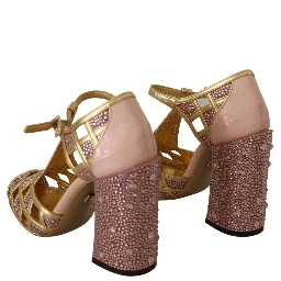 Pink Gold Leather Crystal Pumps T-strap Shoes