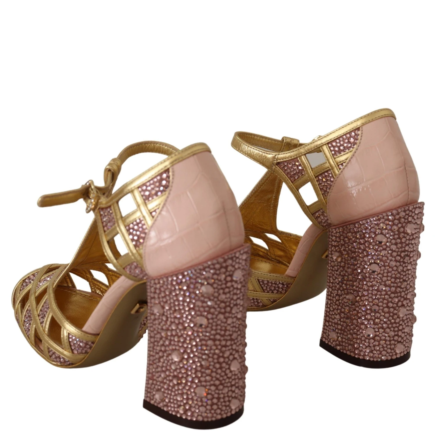 Pink Gold Leather Crystal Pumps T-strap Shoes