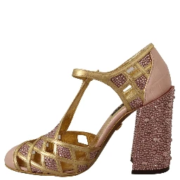 Pink Gold Leather Crystal Pumps T-strap Shoes