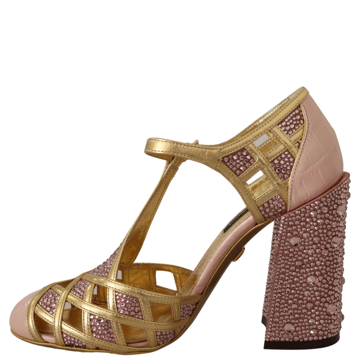 Pink Gold Leather Crystal Pumps T-strap Shoes
