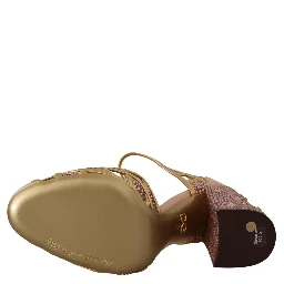 Pink Gold Leather Crystal Pumps T-strap Shoes