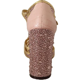 Pink Gold Leather Crystal Pumps T-strap Shoes