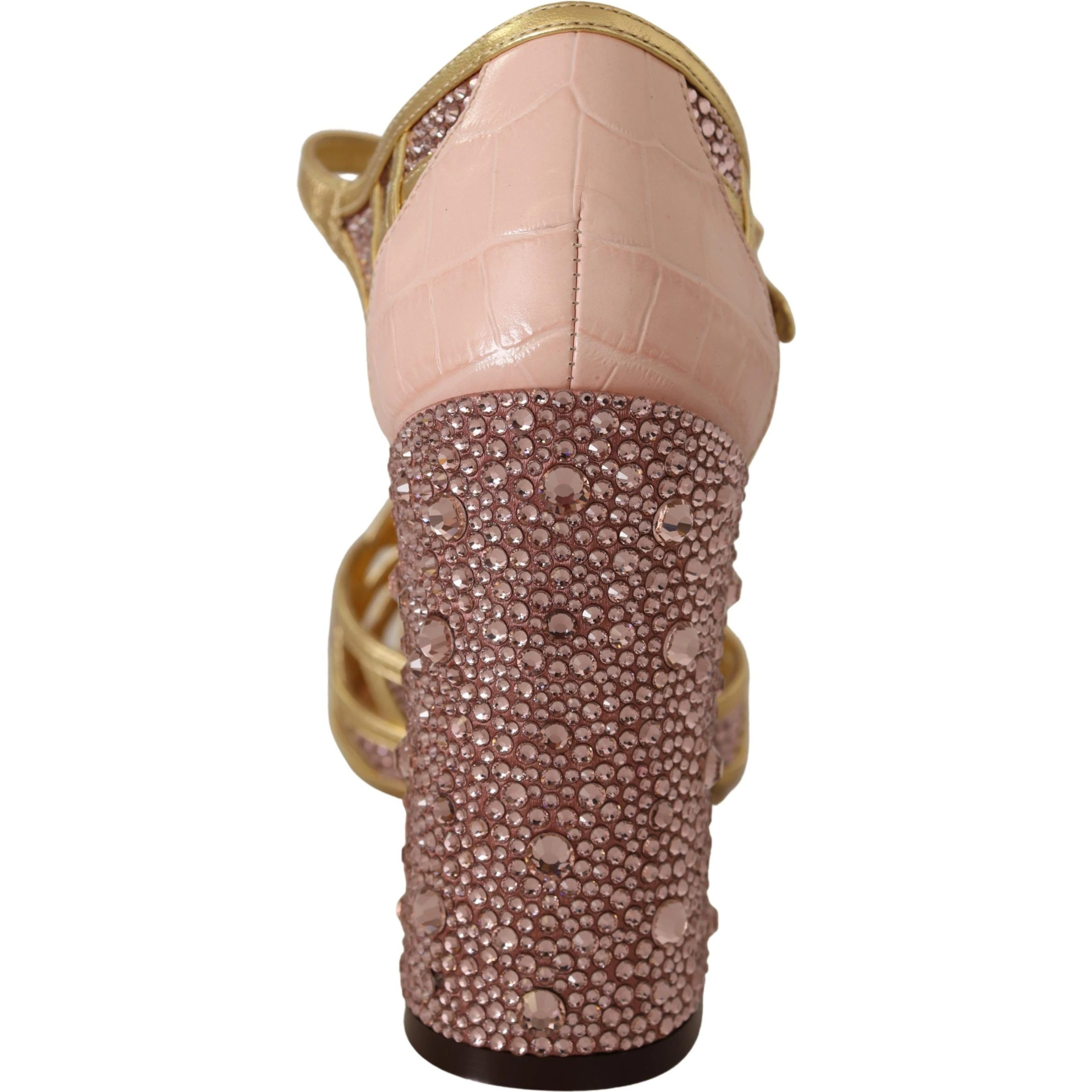 Pink Gold Leather Crystal Pumps T-strap Shoes