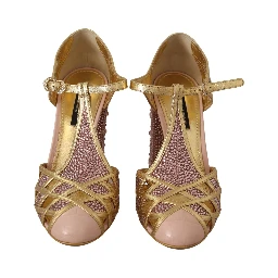 Pink Gold Leather Crystal Pumps T-strap Shoes
