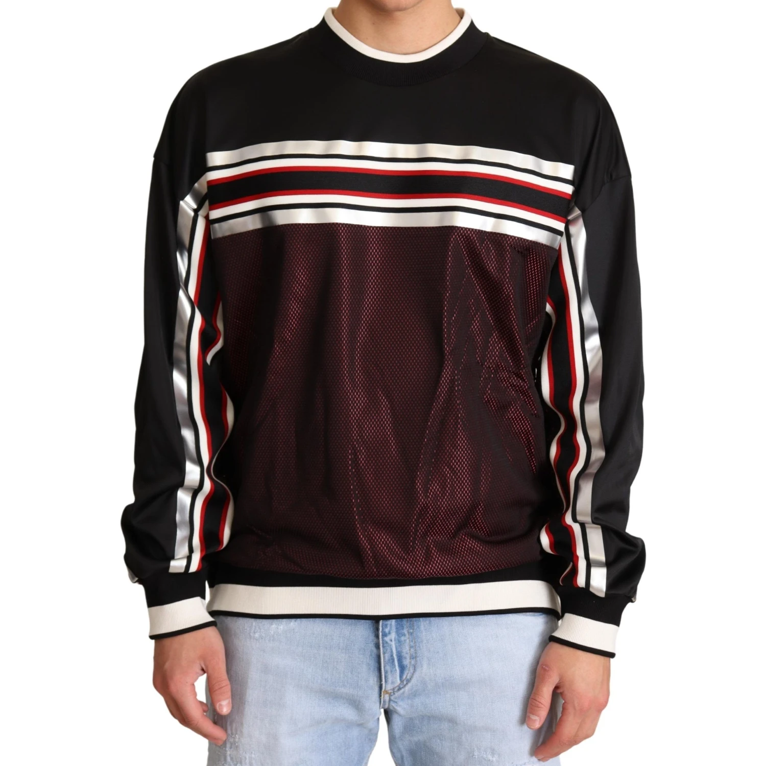 Black Red Mesh Sport Pullover Crewneck Sweater