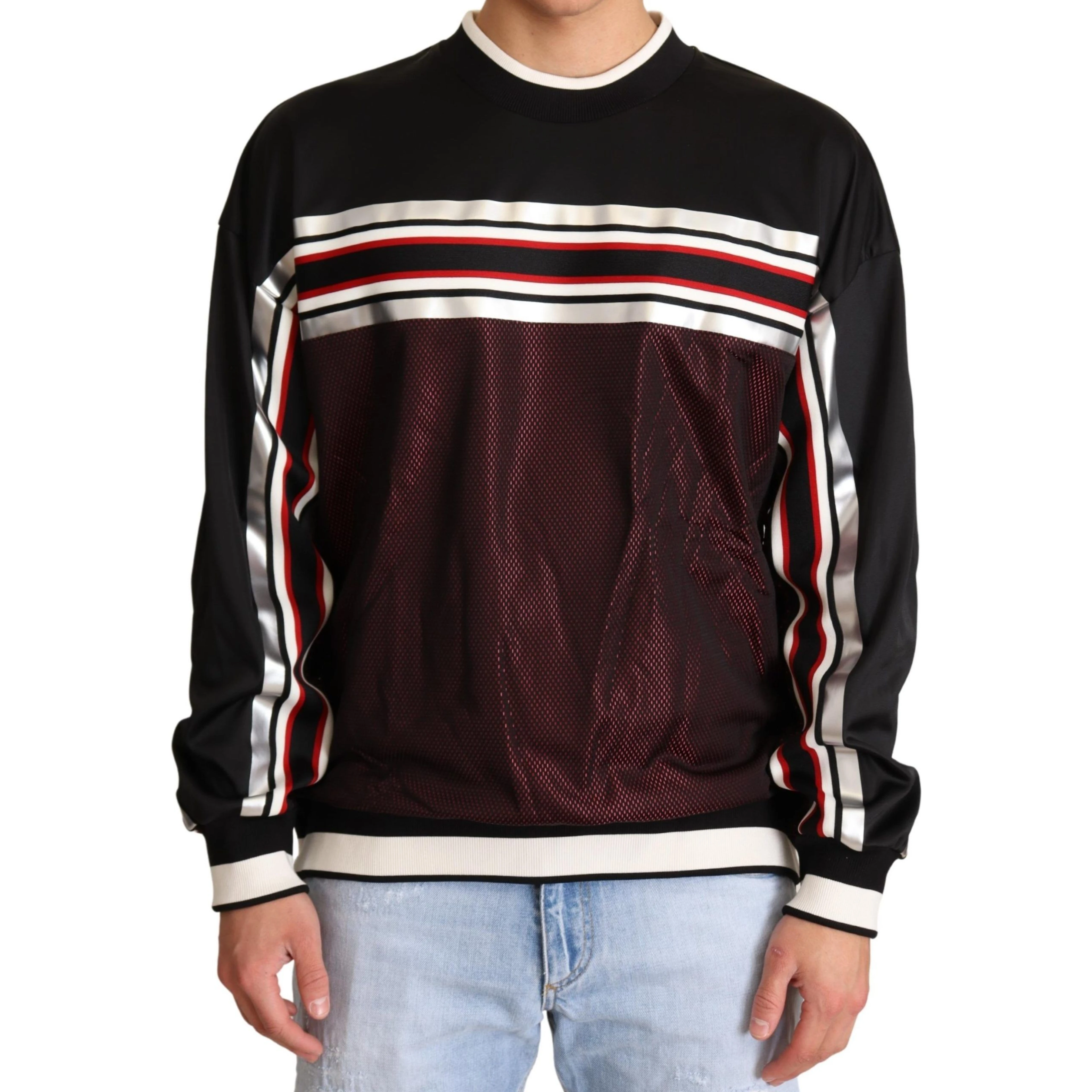 Black Red Mesh Sport Pullover Crewneck Sweater