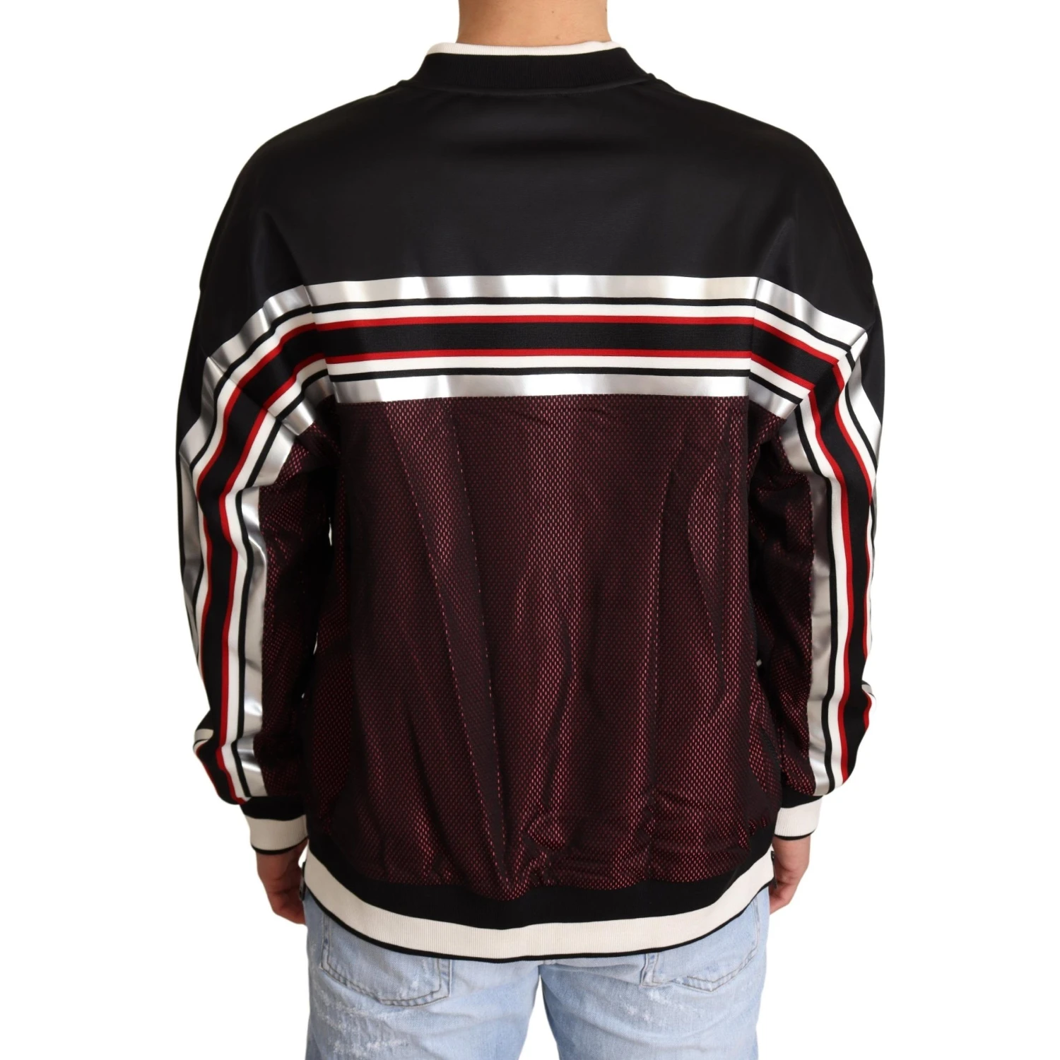 Black Red Mesh Sport Pullover Crewneck Sweater