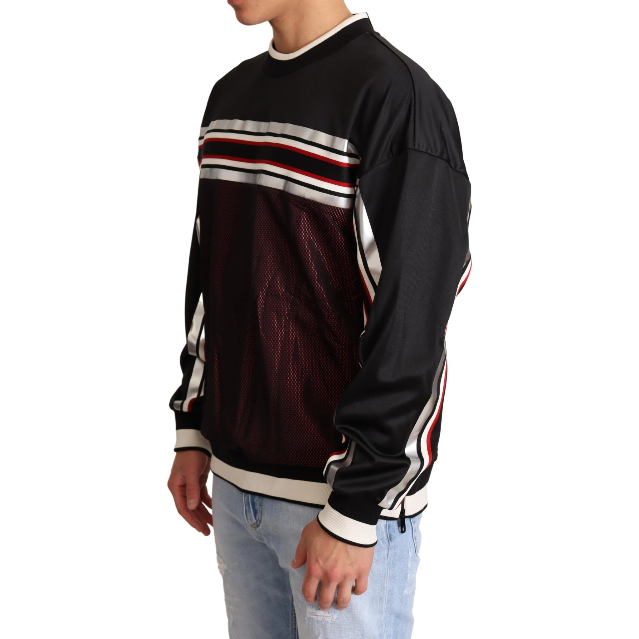 Black Red Mesh Sport Pullover Crewneck Sweater