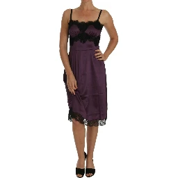 Purple Silk Stretch Black Lace A-Line Dress