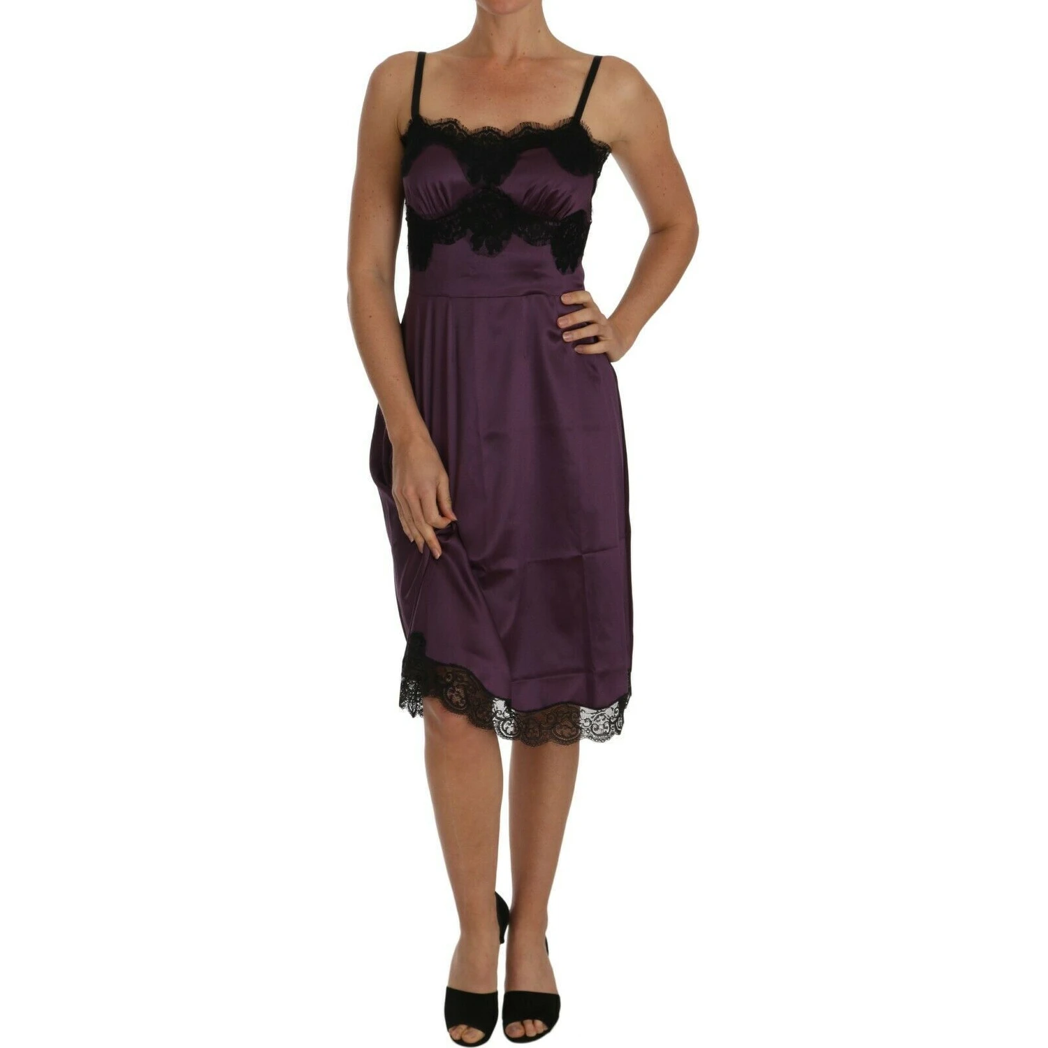 Purple Silk Stretch Black Lace A-Line Dress