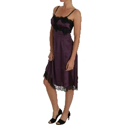 Purple Silk Stretch Black Lace A-Line Dress
