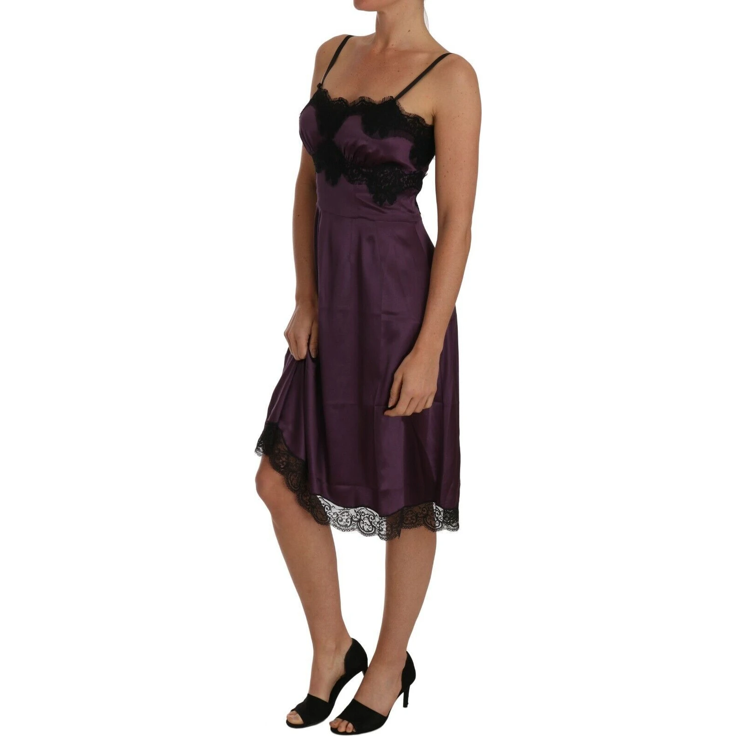 Purple Silk Stretch Black Lace A-Line Dress