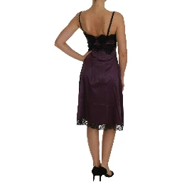 Purple Silk Stretch Black Lace A-Line Dress
