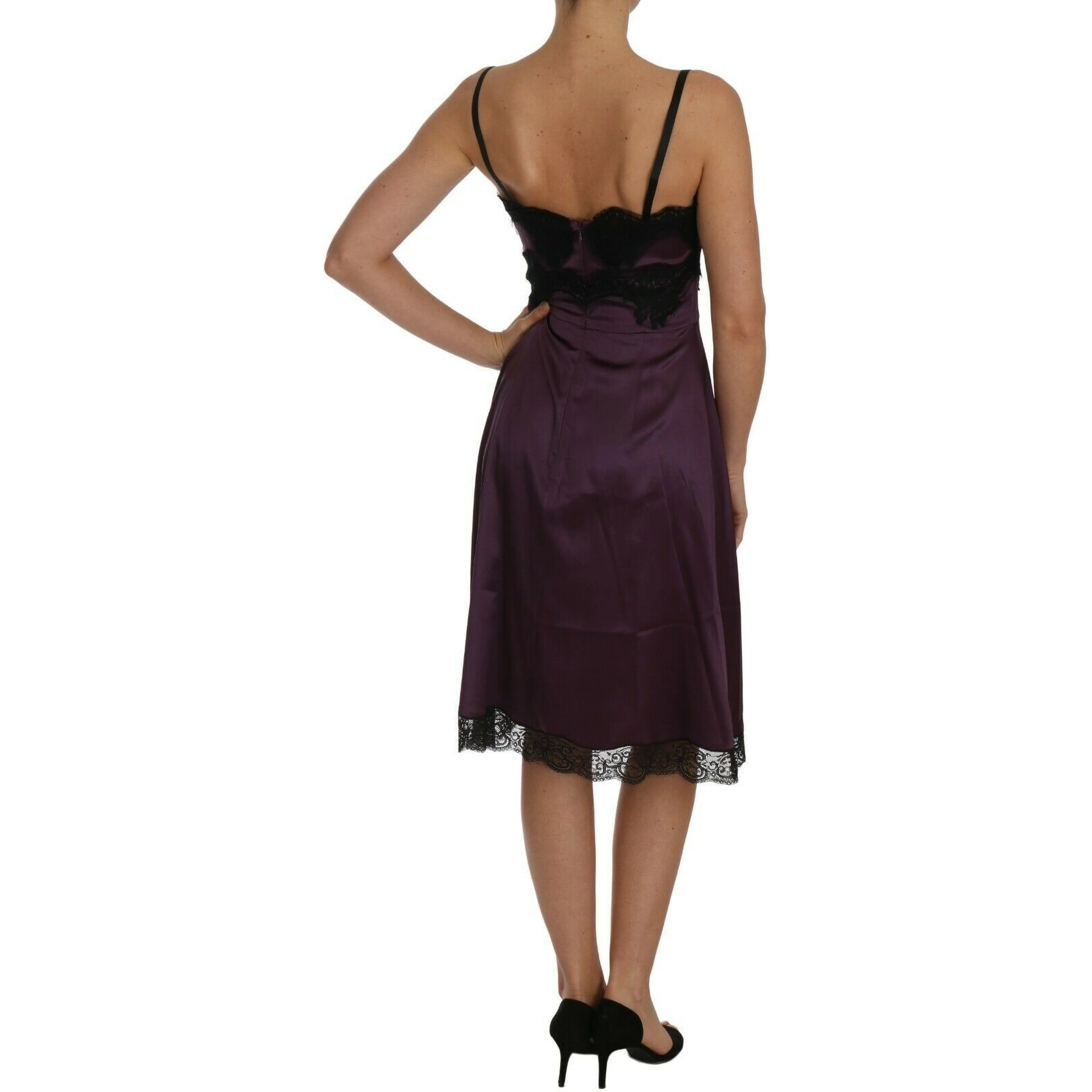 Purple Silk Stretch Black Lace A-Line Dress