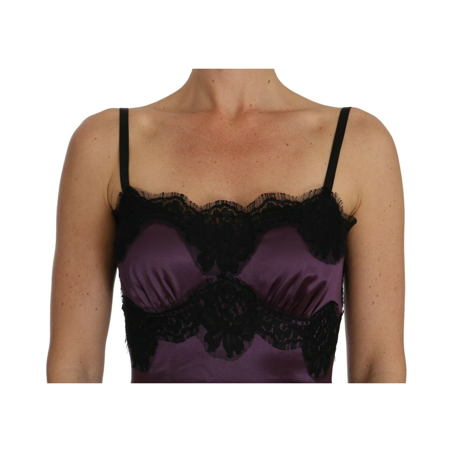 Purple Silk Stretch Black Lace A-Line Dress