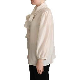 Light Gray Ascot Collar Shirt Silk Blouse Top