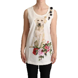 White Dog Floral Print Embellished  T-shirt