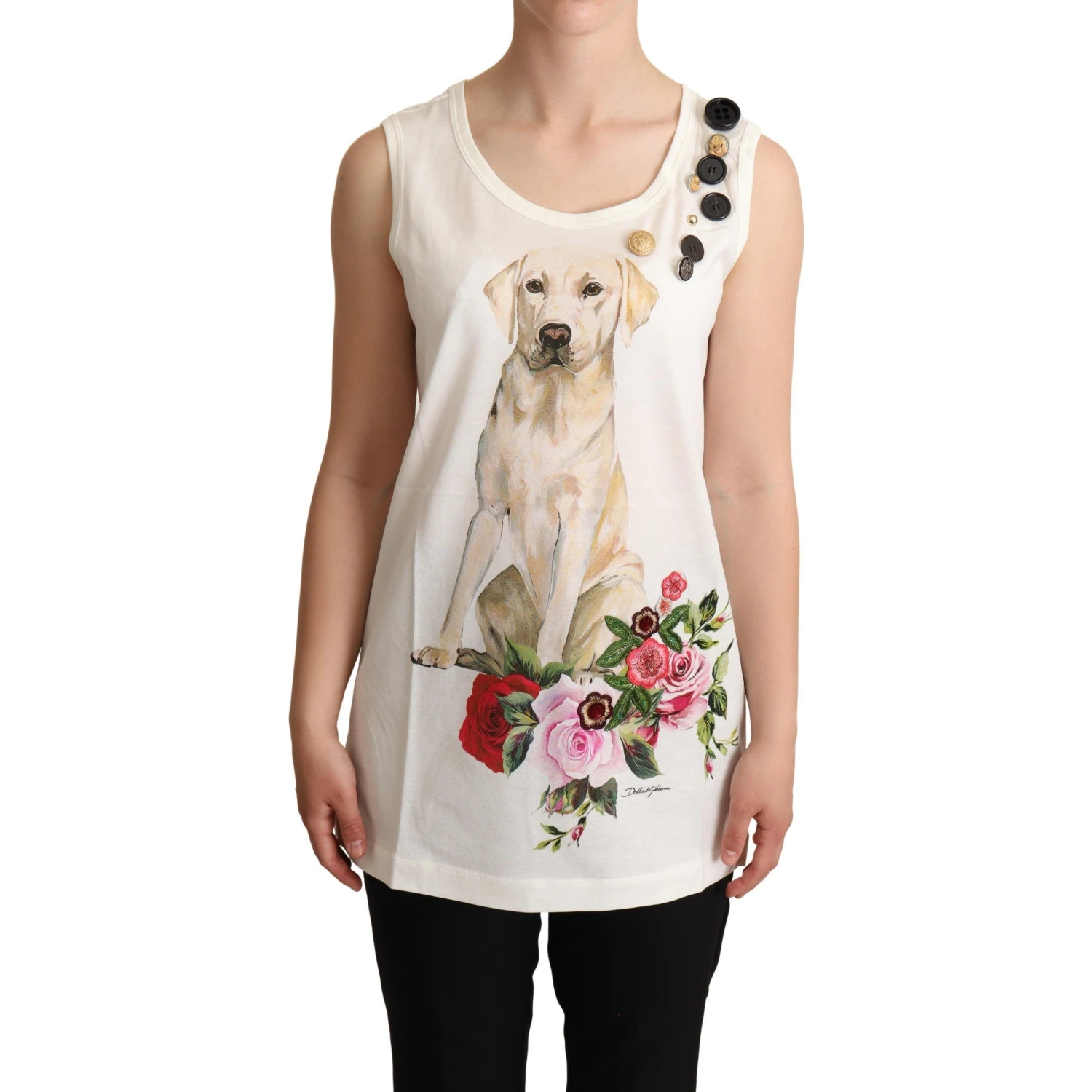 White Dog Floral Print Embellished  T-shirt