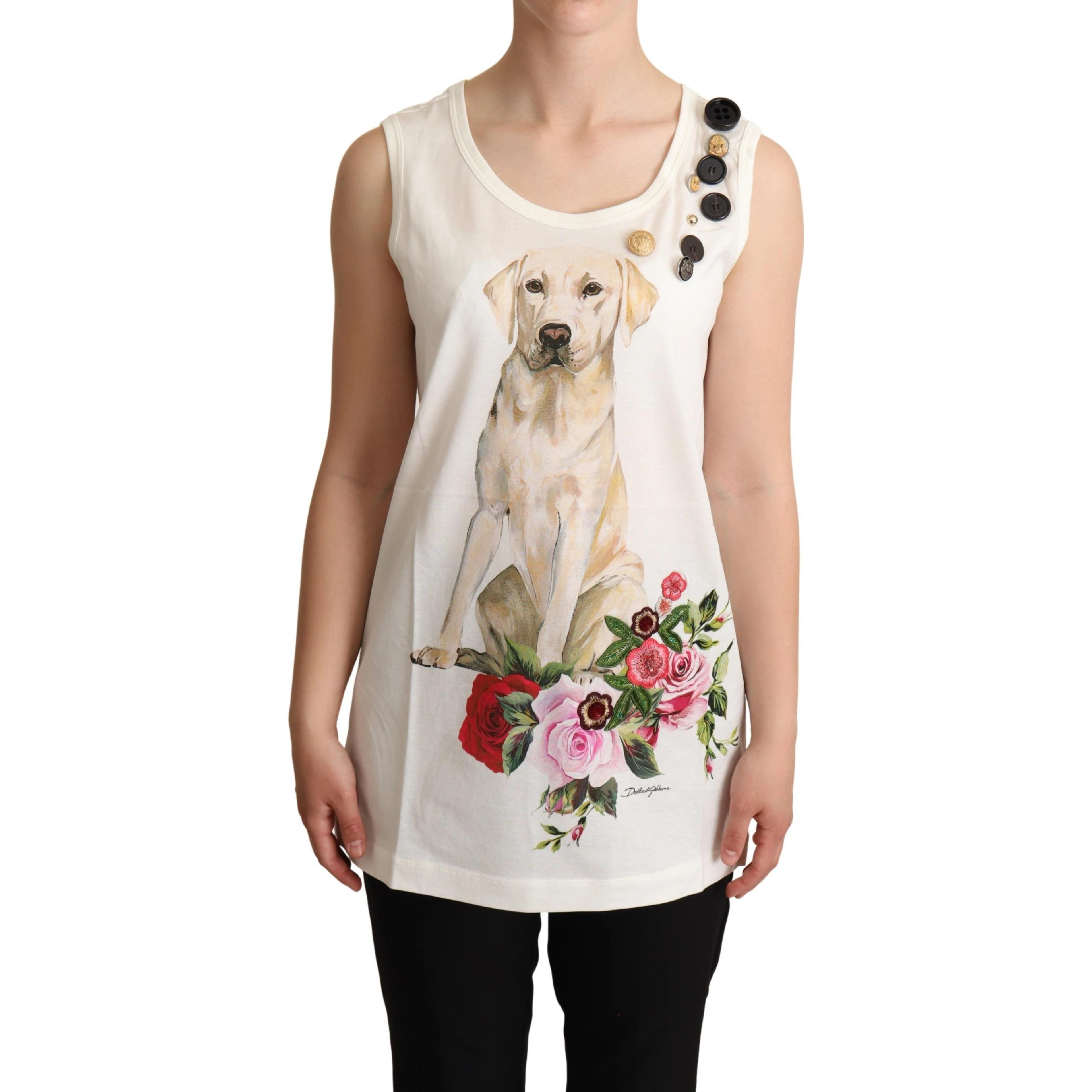 White Dog Floral Print Embellished  T-shirt