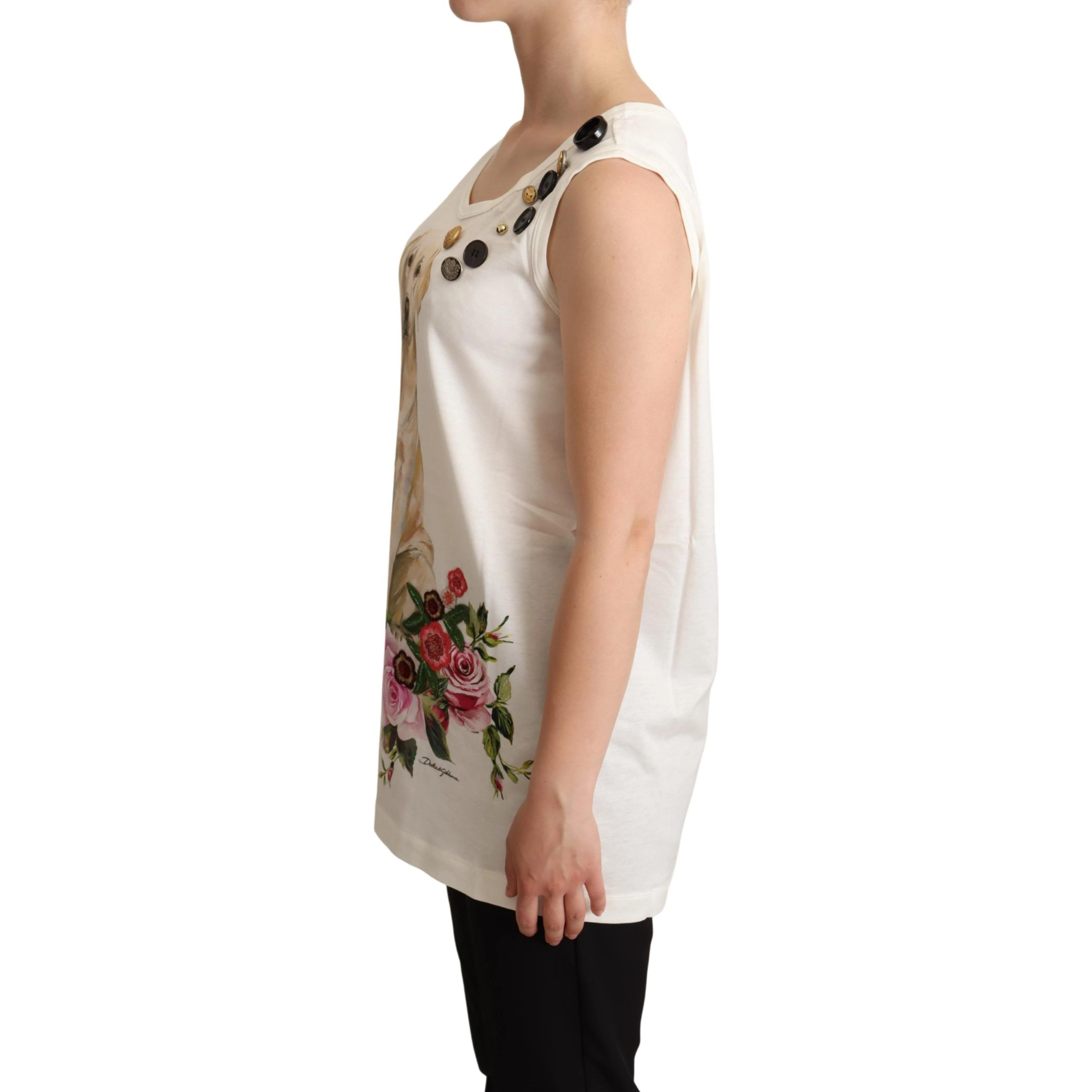 White Dog Floral Print Embellished  T-shirt