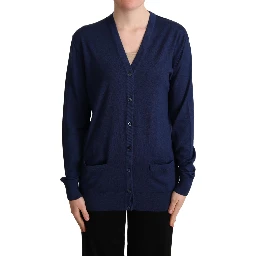 Blue Virgin Wool Button Down Cardigan Sweater