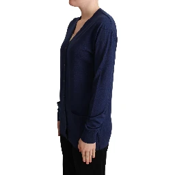 Blue Virgin Wool Button Down Cardigan Sweater