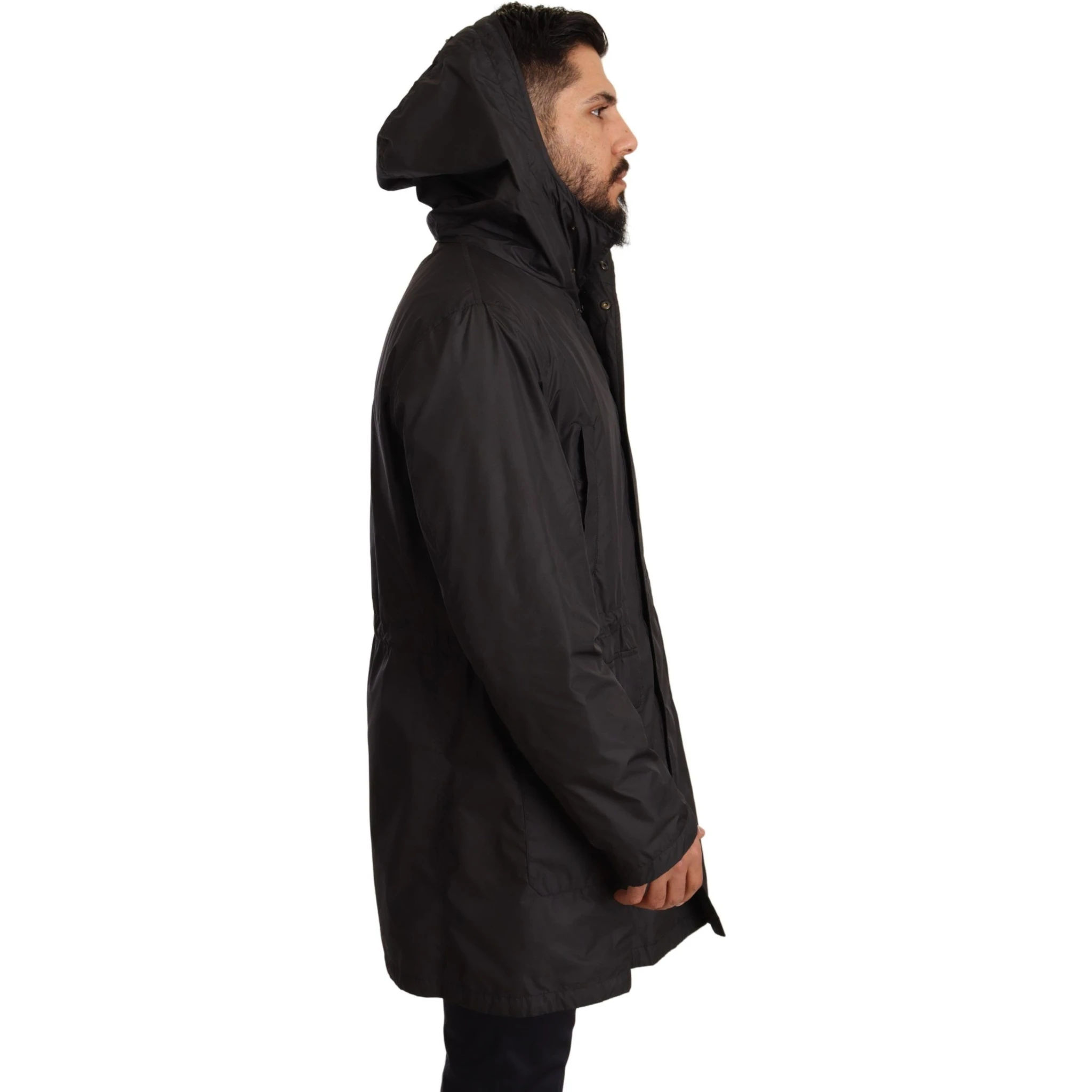 Black Hooded Mens Trench Coat Jacket