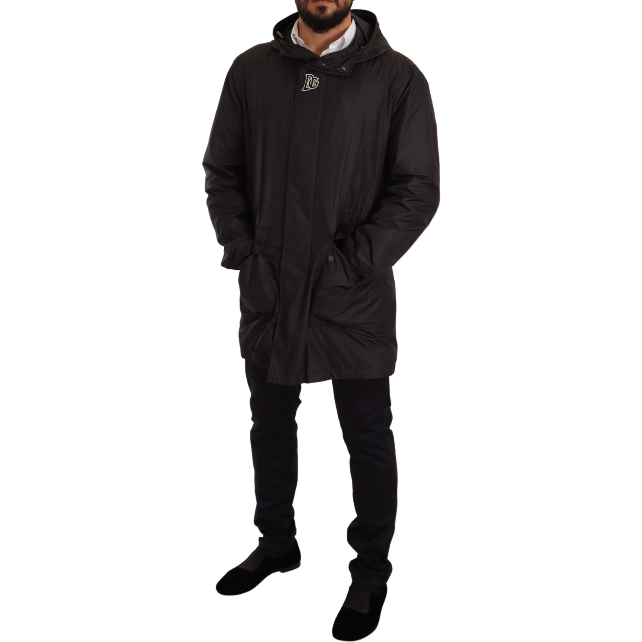 Black Hooded Mens Trench Coat Jacket