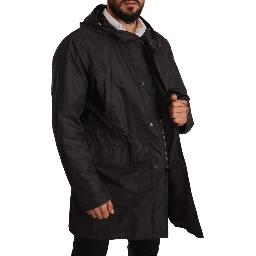 Black Hooded Mens Trench Coat Jacket
