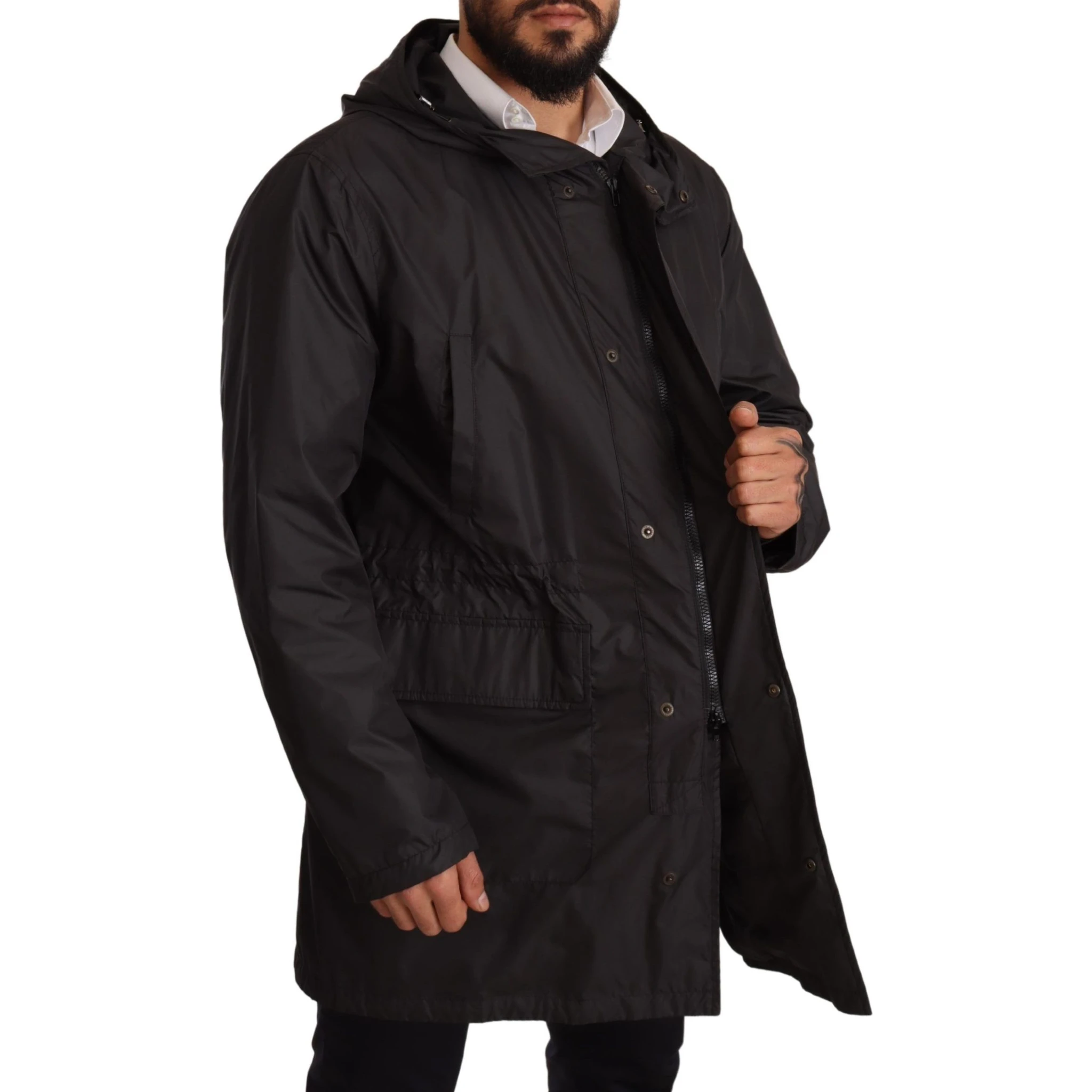 Black Hooded Mens Trench Coat Jacket