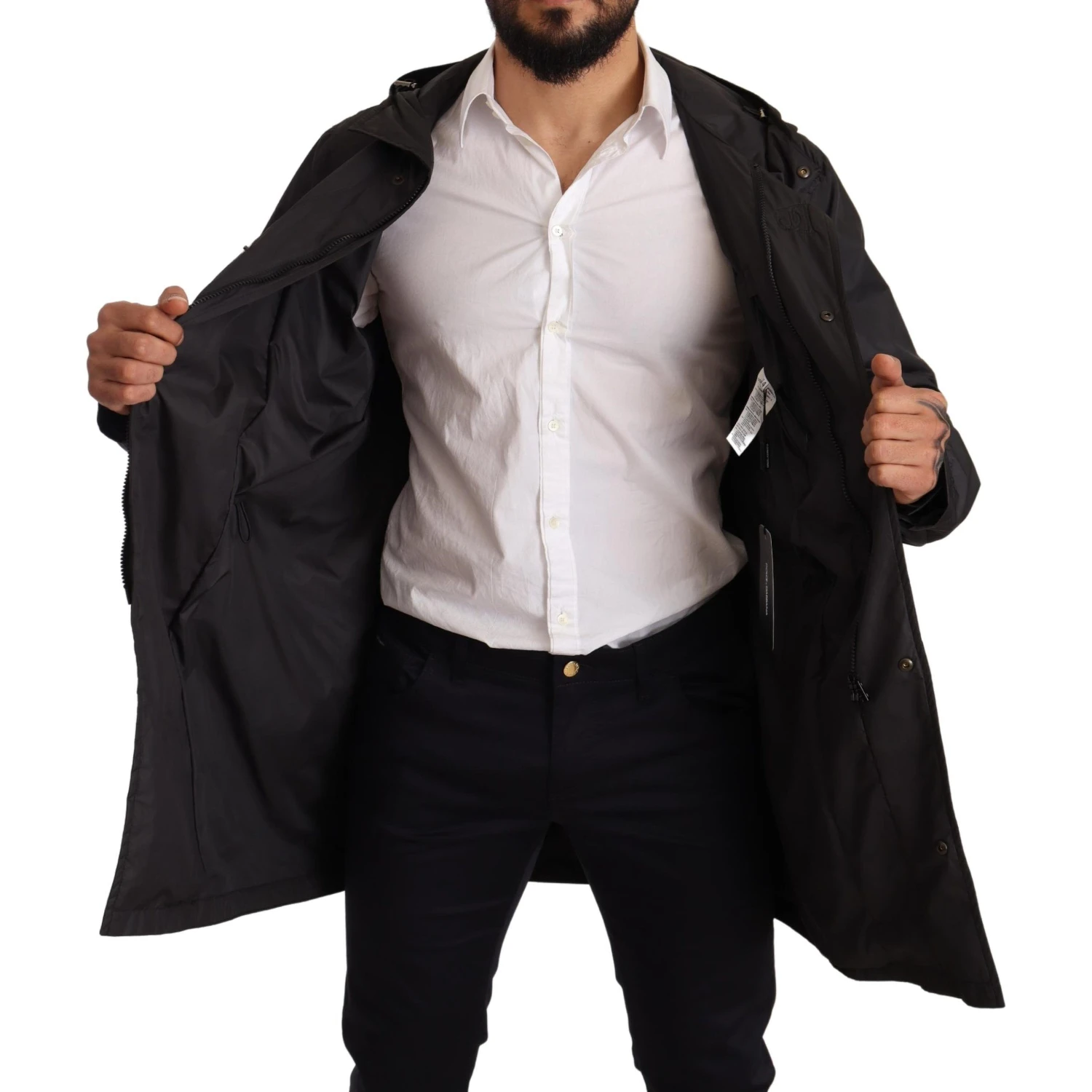 Black Hooded Mens Trench Coat Jacket