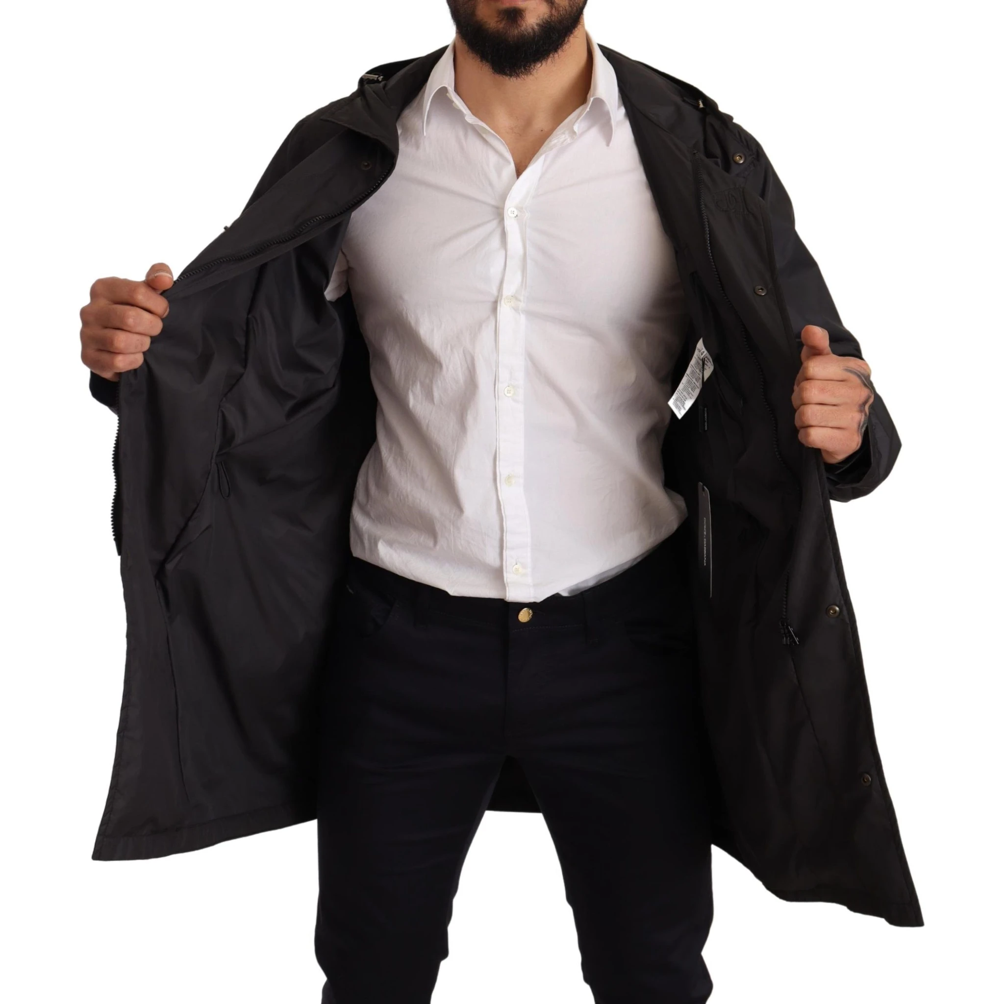 Black Hooded Mens Trench Coat Jacket