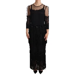 Black Sheer Floral Lace Crystal Maxi Dress