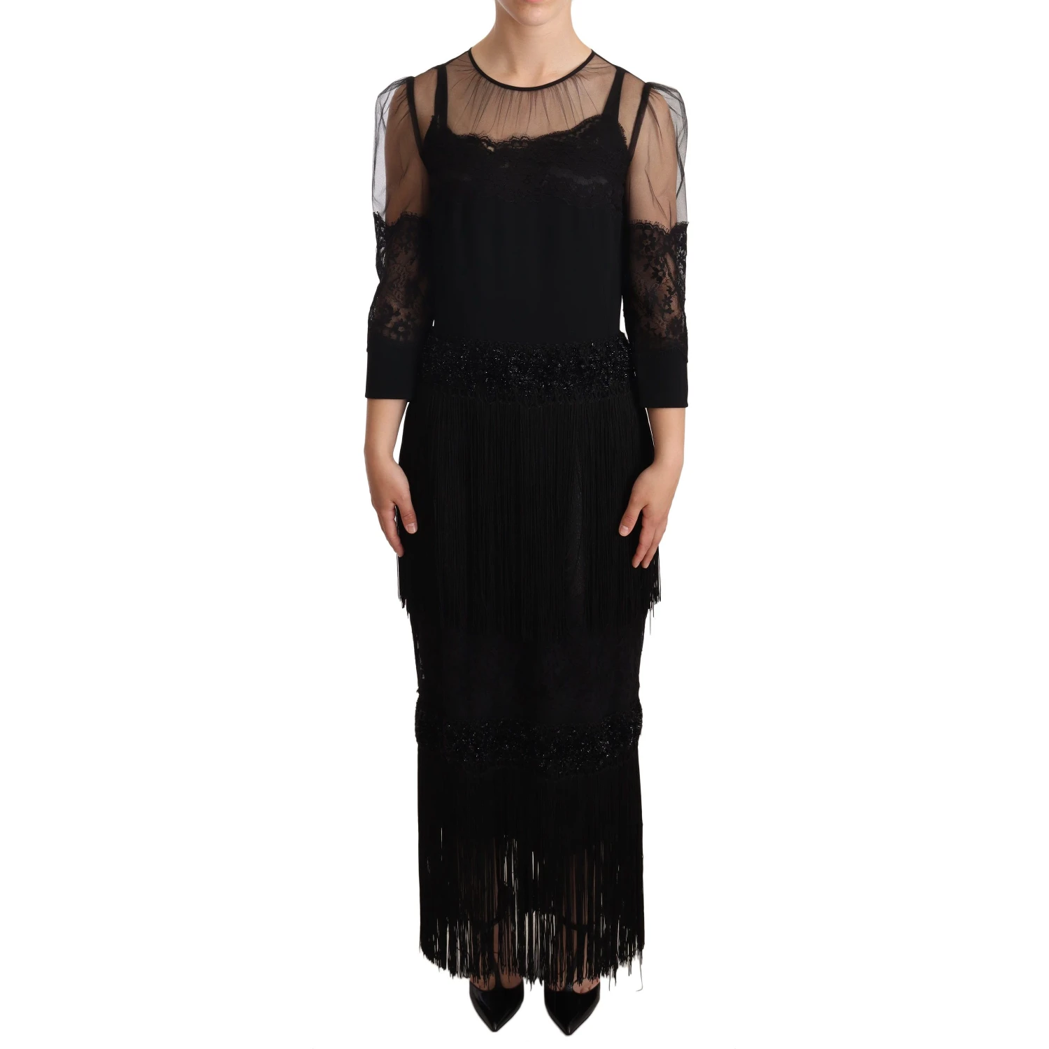Black Sheer Floral Lace Crystal Maxi Dress