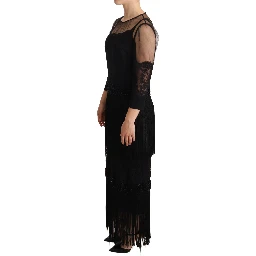 Black Sheer Floral Lace Crystal Maxi Dress