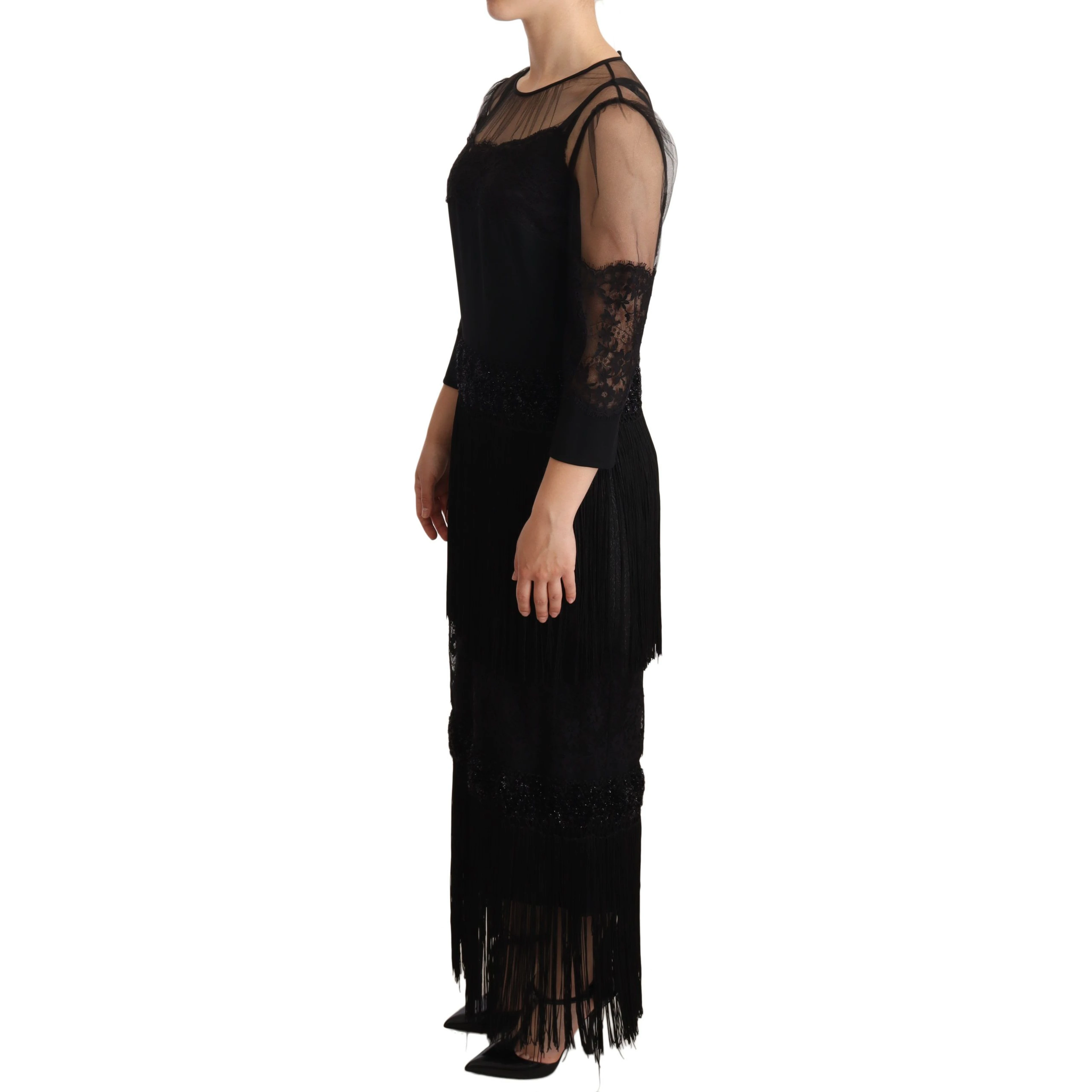 Black Sheer Floral Lace Crystal Maxi Dress