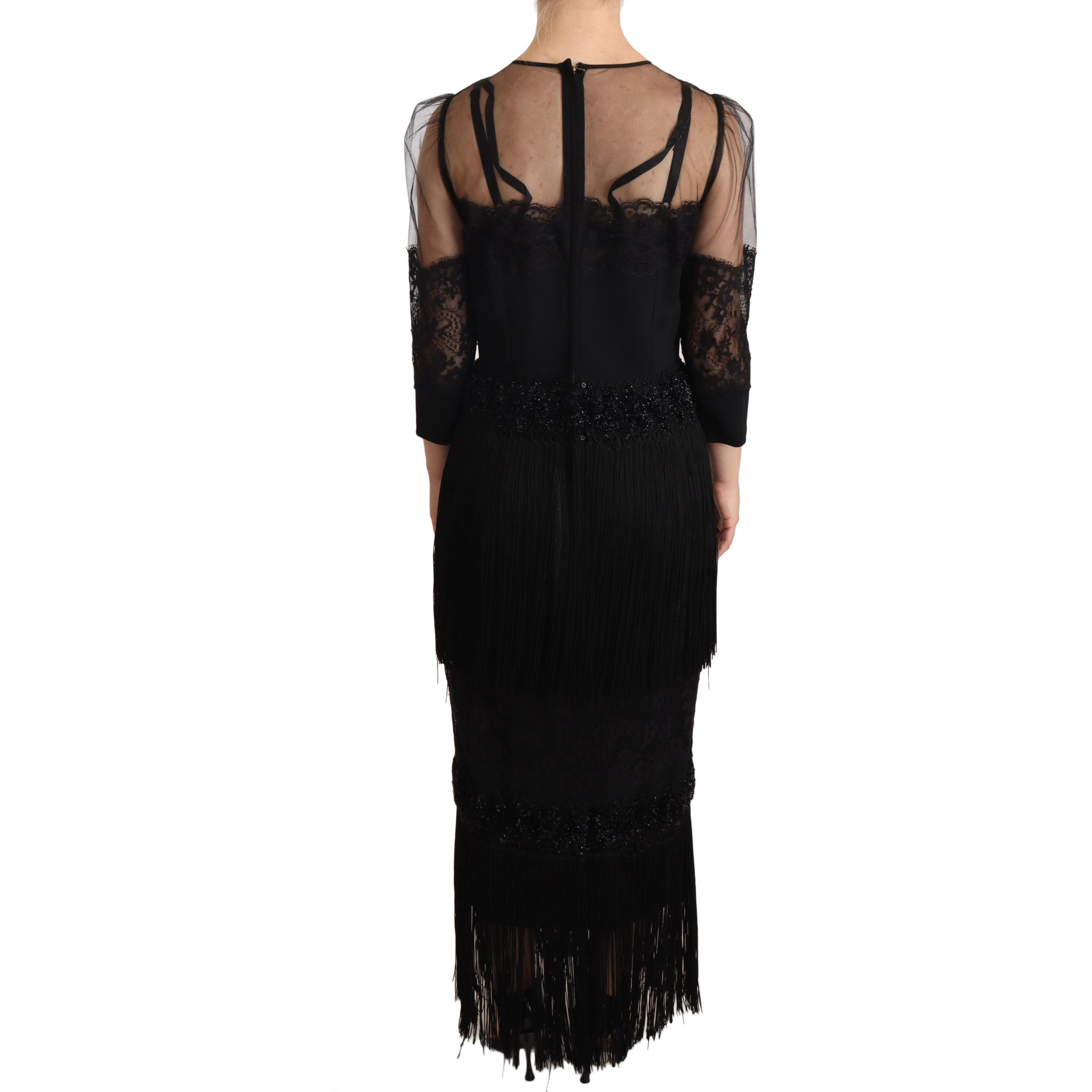 Black Sheer Floral Lace Crystal Maxi Dress