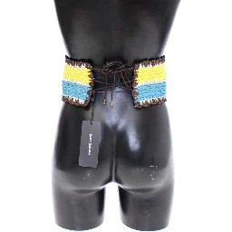 Yellow Striped Wide Waist Raffia Belt