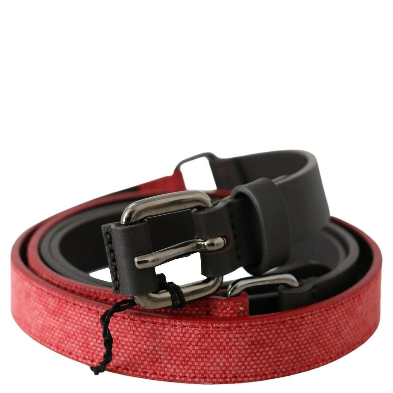 Red Brown Leather Silver Logo Buckle Waist Belt