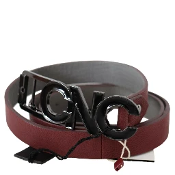 Maroon Skinny Leather Logo Fashion Belt