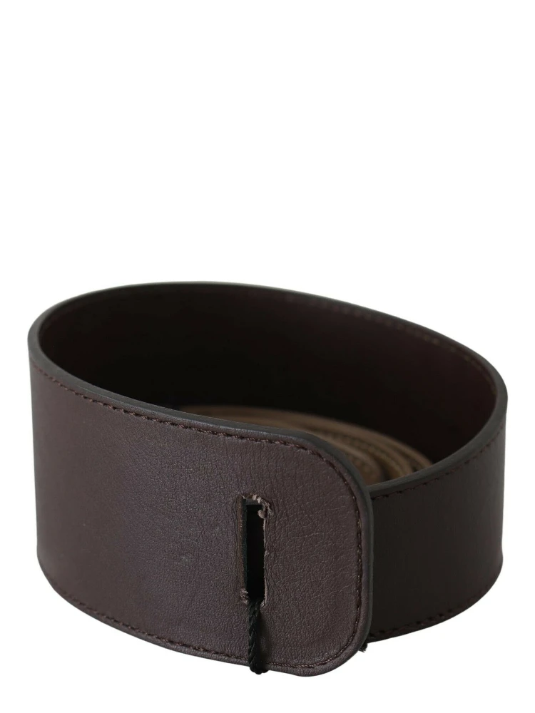 Brown Genuine Leather Logo Wide Waist Belt