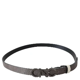 Belt Mettalic Gray Leather Logo Belt
