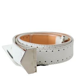 White Leather Hexagon Logo Buckle Waist Belt