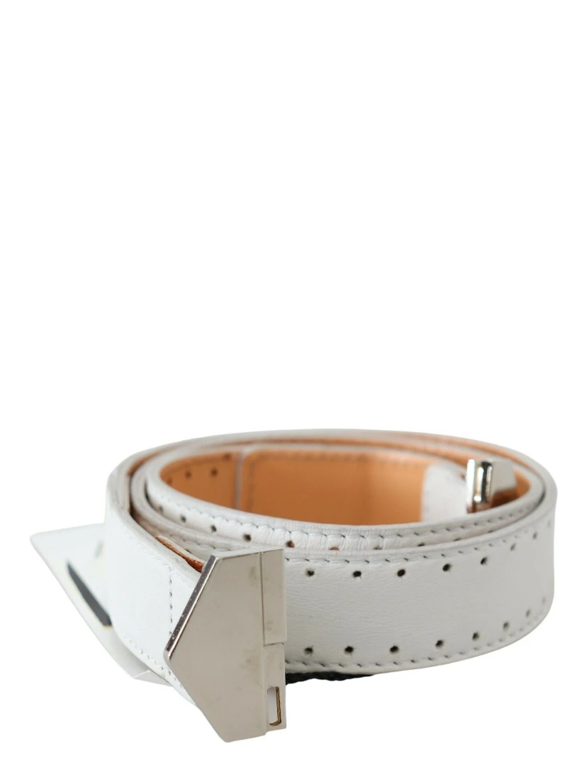 White Leather Hexagon Logo Buckle Waist Belt