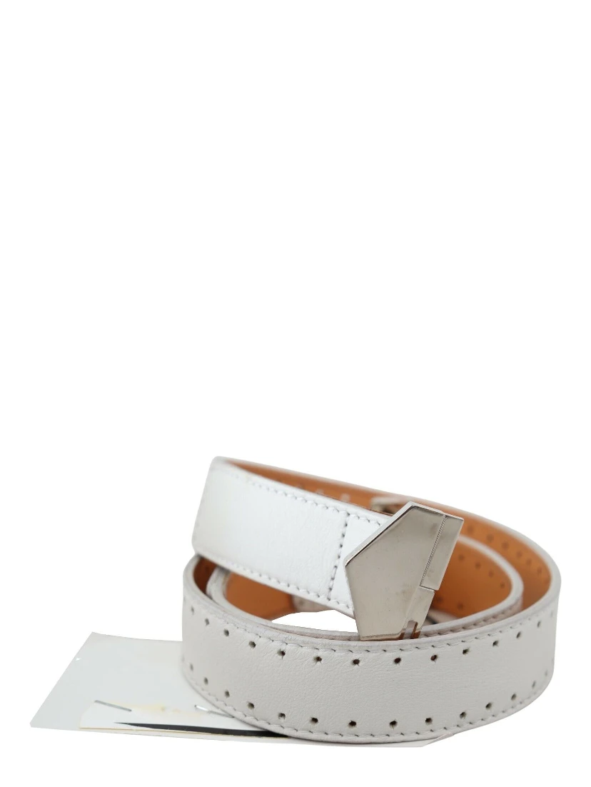 White Leather Hexagon Logo Buckle Waist Belt