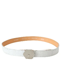 White Leather Hexagon Logo Buckle Waist Belt