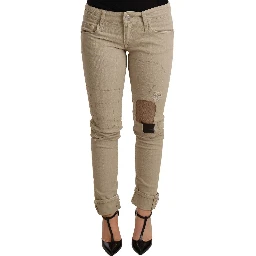 Beige Denim Cotton Bottom Slim Fit Folded Pant