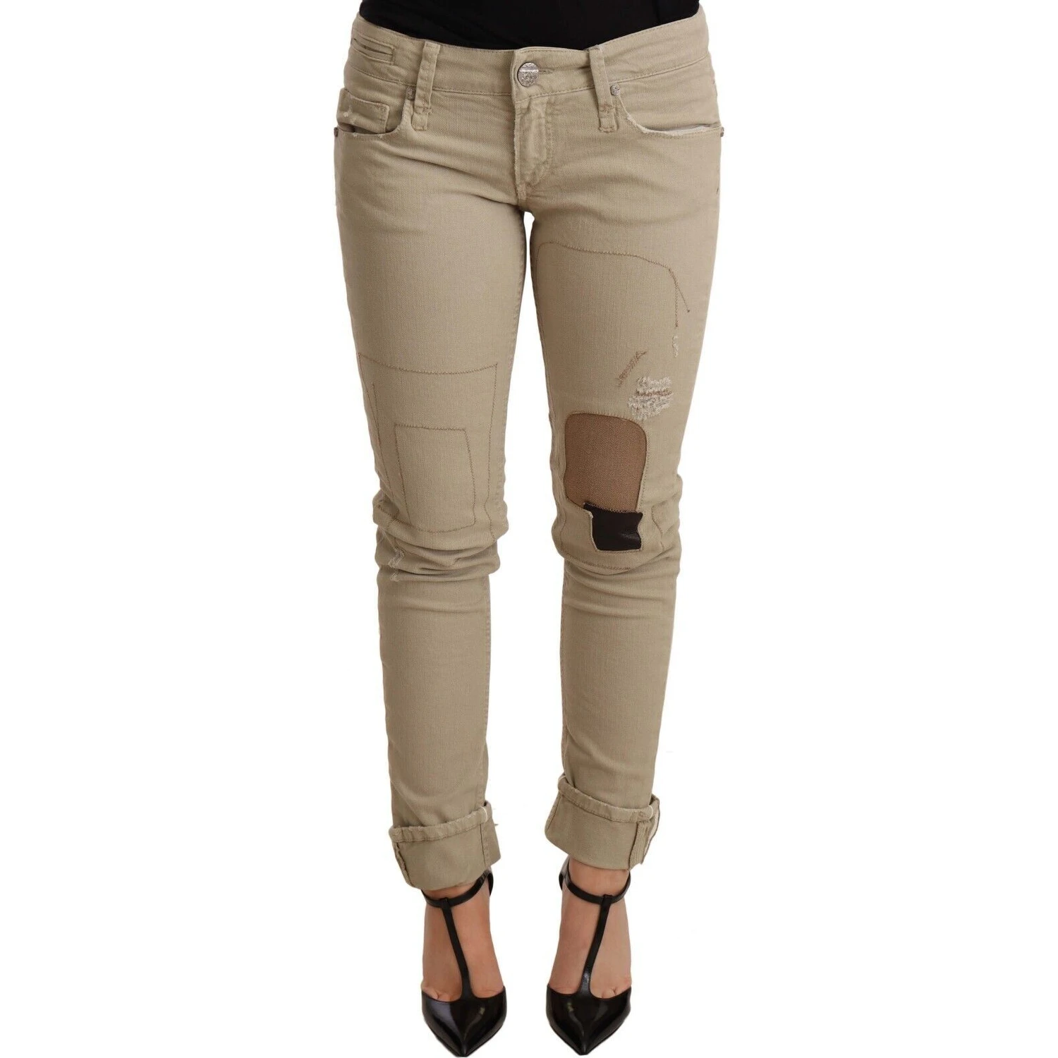 Beige Denim Cotton Bottom Slim Fit Folded Pant