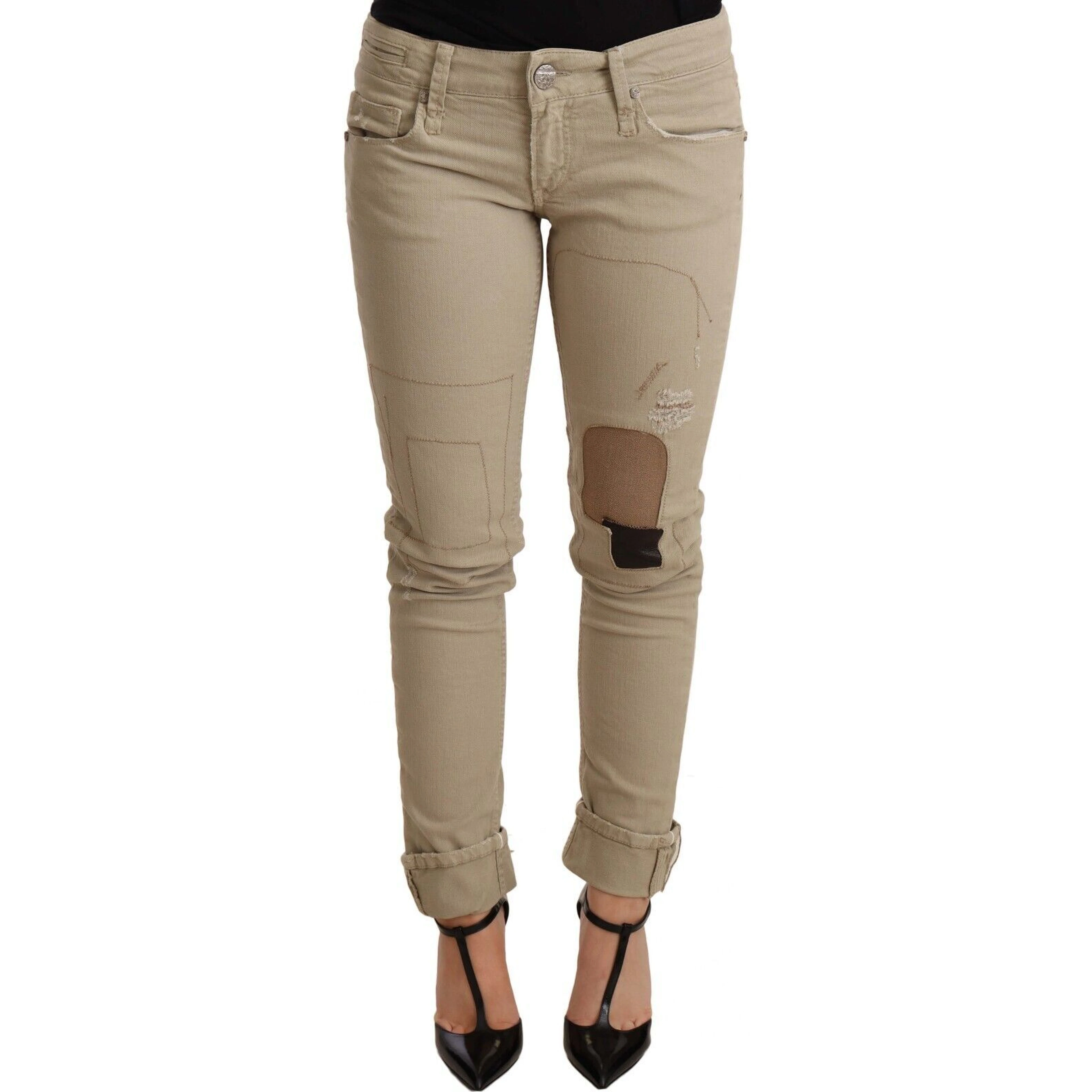 Beige Denim Cotton Bottom Slim Fit Folded Pant