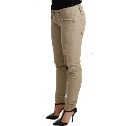 Beige Denim Cotton Bottom Slim Fit Folded Pant